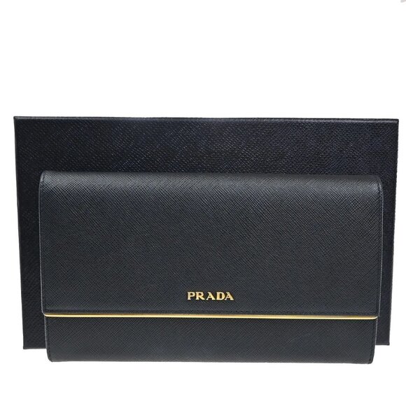 PRADA Logo Saffiano Long Bifold Wallet Purse Leather Black SHW Italy 31KA627 - Picture 1 of 16